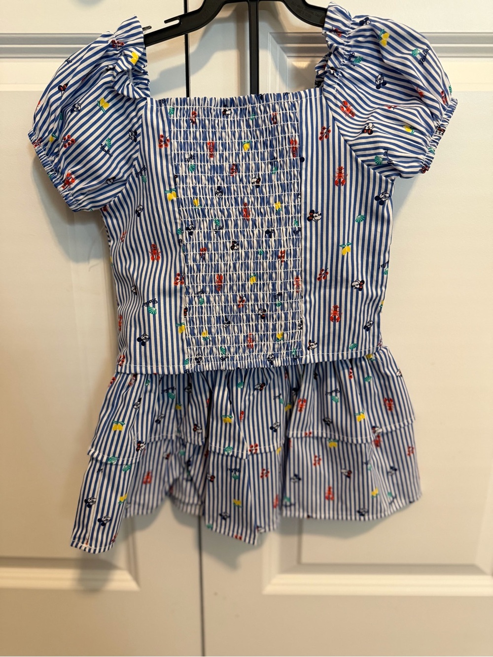 2 piece Disney Blue White Striped Smocked Puff Sleeve Peplum Top and skirt
